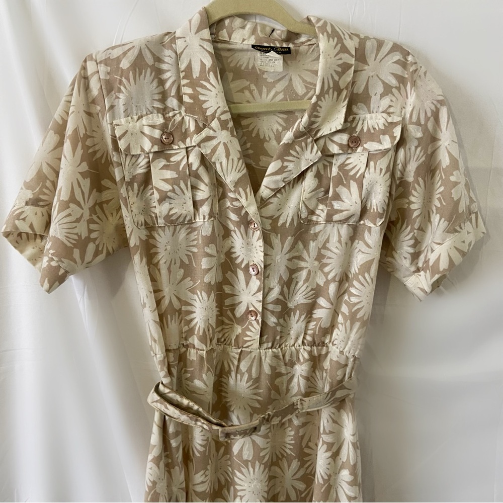 Vintage 70s Stuart Alan tan beige floral collared belt dress button up midi - Picture 5 of 9